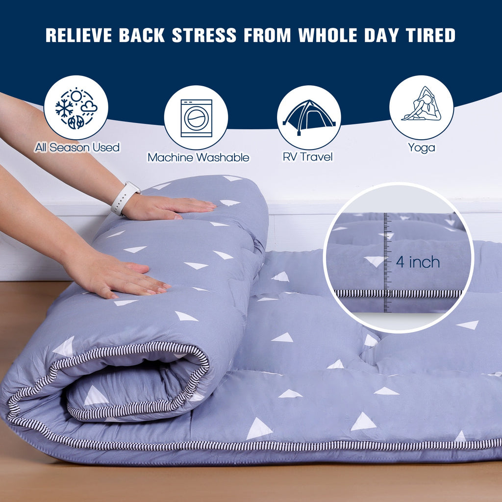 4 Inch Thickened Japanese Floor Futon Pad Foldable Tatami Sleeping Pad Roll Up Floor Bed Cushion with Portable Storage Bag for Travel Camping Guest Room Dormitory Lounger