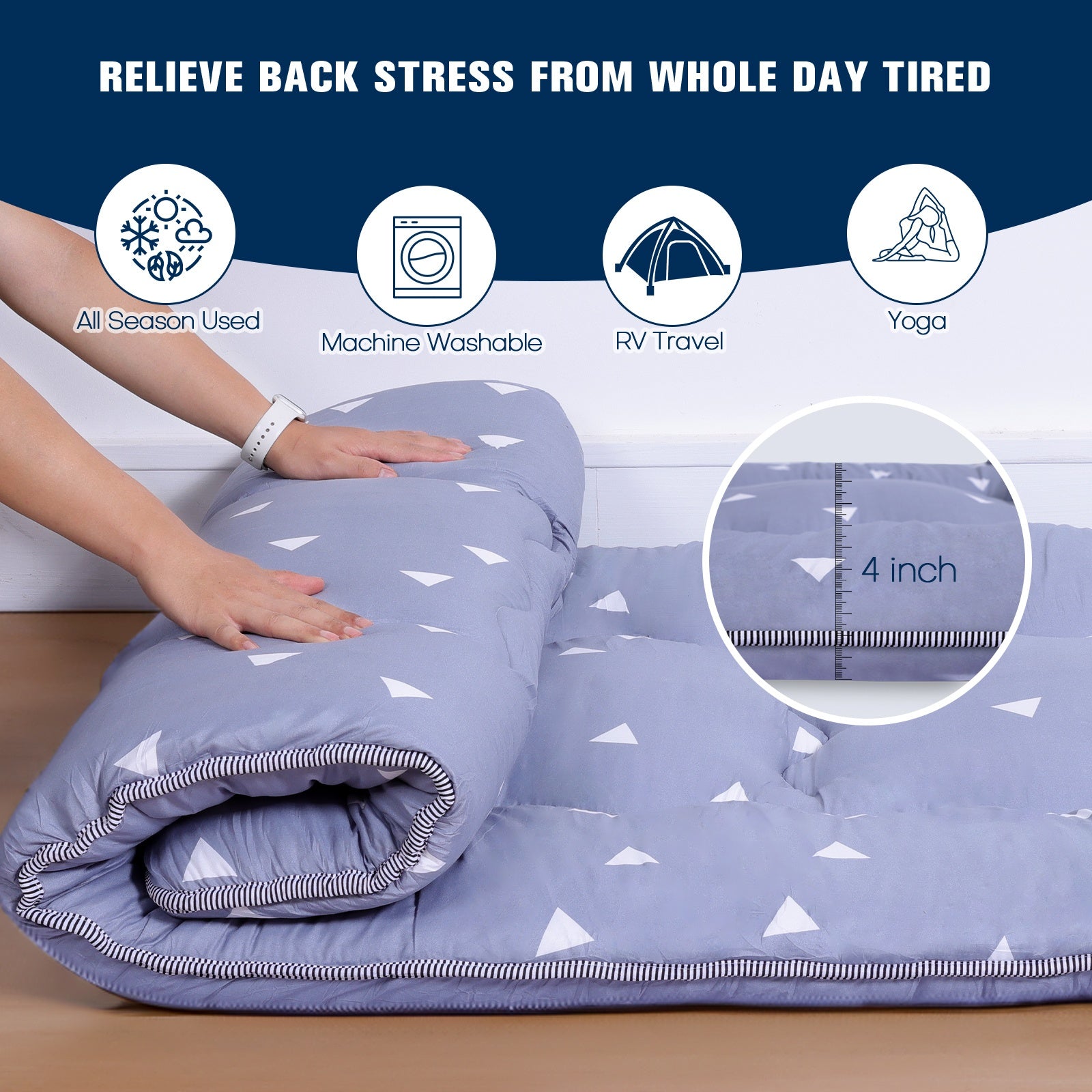4 Inch Thickened Japanese Floor Futon Pad Foldable Tatami Sleeping Pad Roll Up Floor Bed Cushion with Portable Storage Bag for Travel Camping Guest Room Dormitory Lounger
