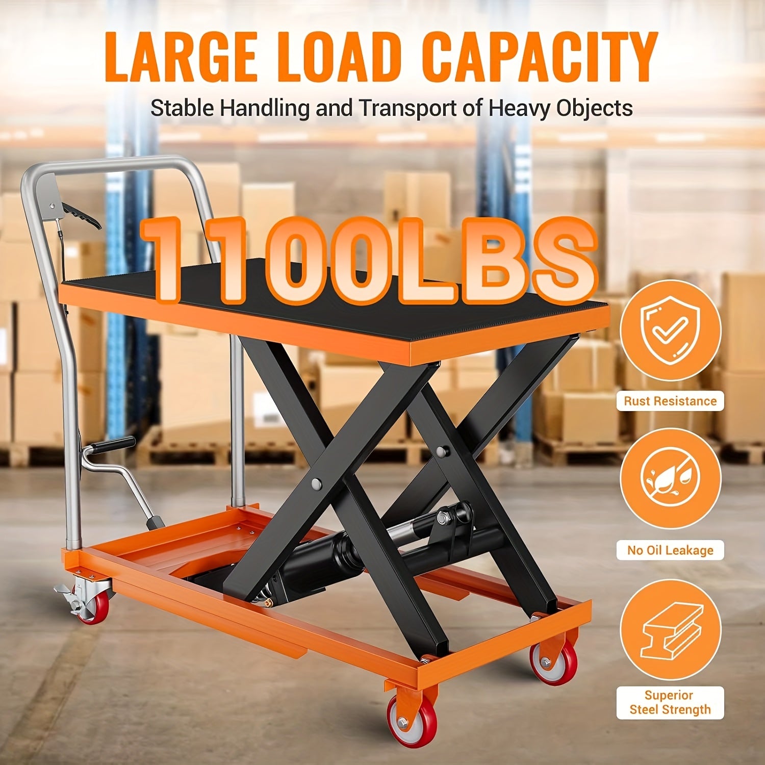 1100Lbs Capacity Hydraulic Lift Table Cart, Manual Single Scissor Lift Table, Lifting Height, with Locking Wheels And Non-Slip Pad, Hydraulic Scissor Cart for Material Handling Warehouse Supermarket Motorcycle Repair