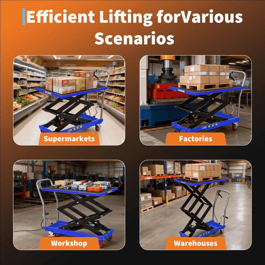 Heavy-Duty Carbon Steel Hydraulic Lift Table Cart with 4 Wheels, Anti-Slip Pads, Reflective Safety Strips - 1 Package for Easy Mobility and Secure Handling