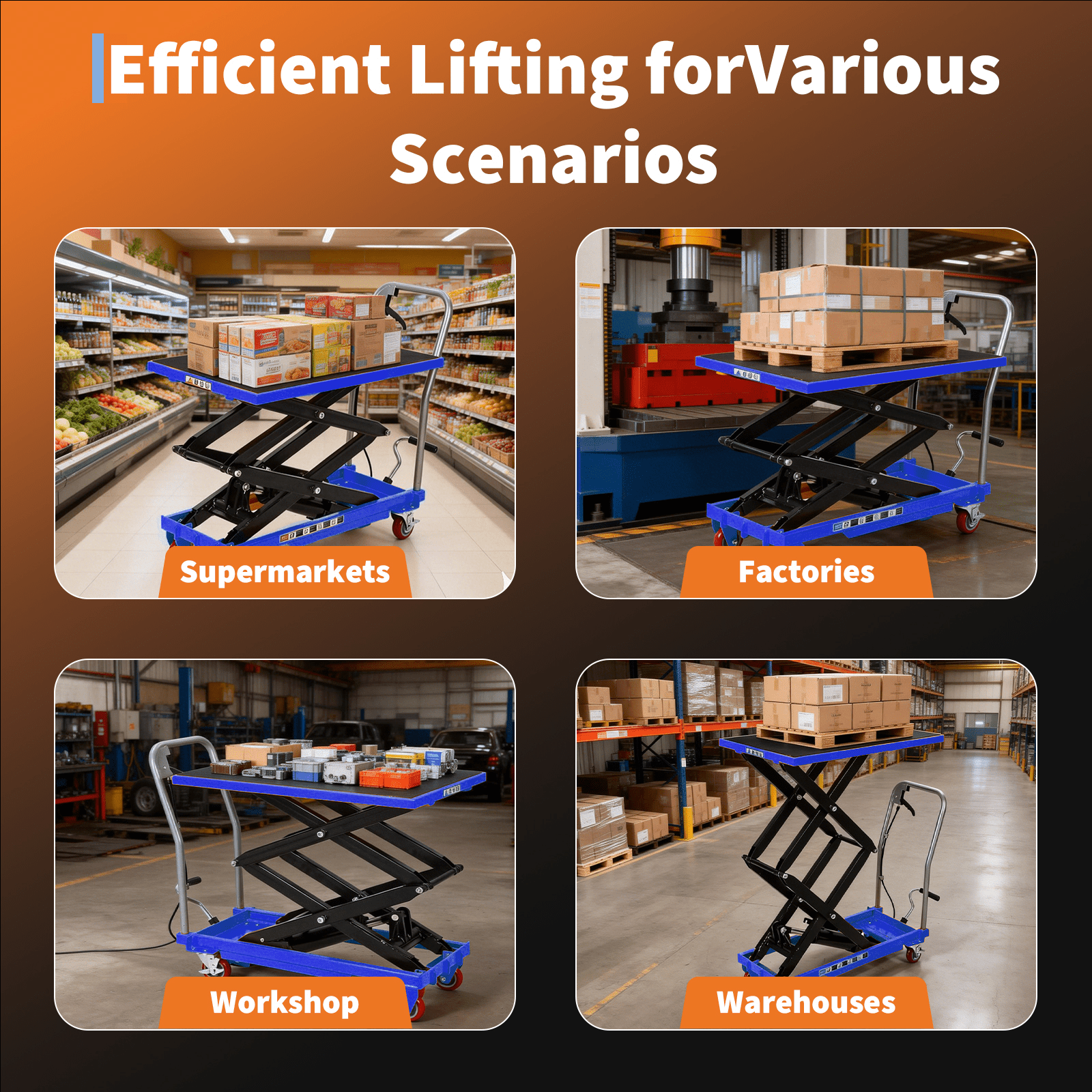 Heavy-Duty Carbon Steel Hydraulic Lift Table Cart with 4 Wheels, Anti-Slip Pads, Reflective Safety Strips - 1 Package for Easy Mobility and Secure Handling