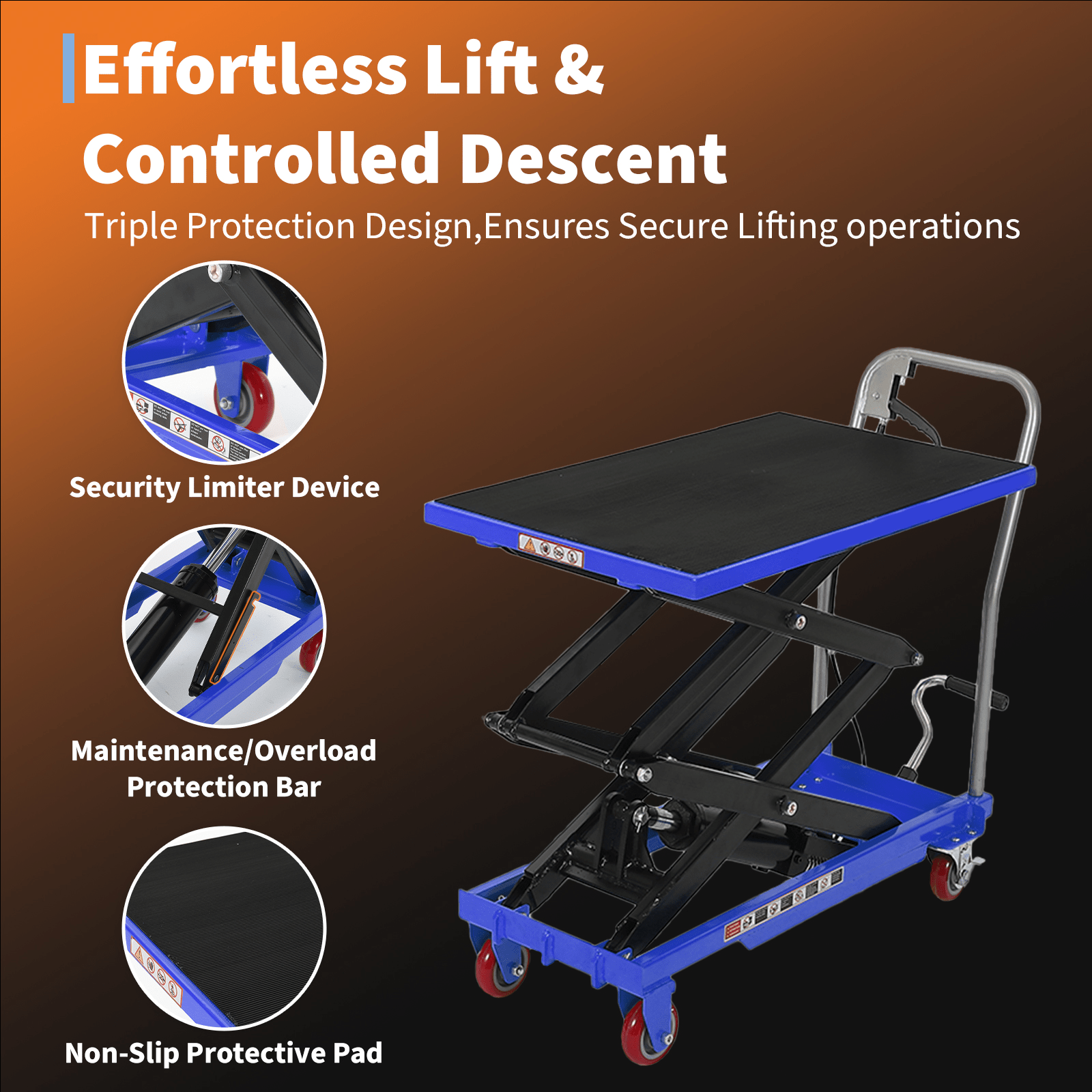 Heavy-Duty Carbon Steel Hydraulic Lift Table Cart with 4 Wheels, Anti-Slip Pads, Reflective Safety Strips - 1 Package for Easy Mobility and Secure Handling