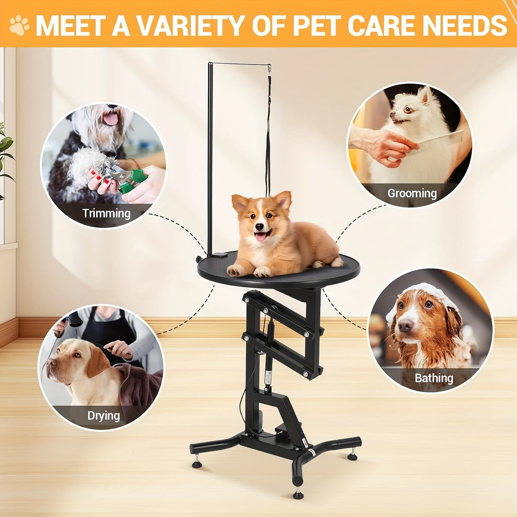 24-Inch Hydraulic Lift Table for Dog Grooming, Featuring a Rotating Round Top Designed for Small Pets at Home, with a 360-Degree Rotation And an Adjustable Overhead Arm