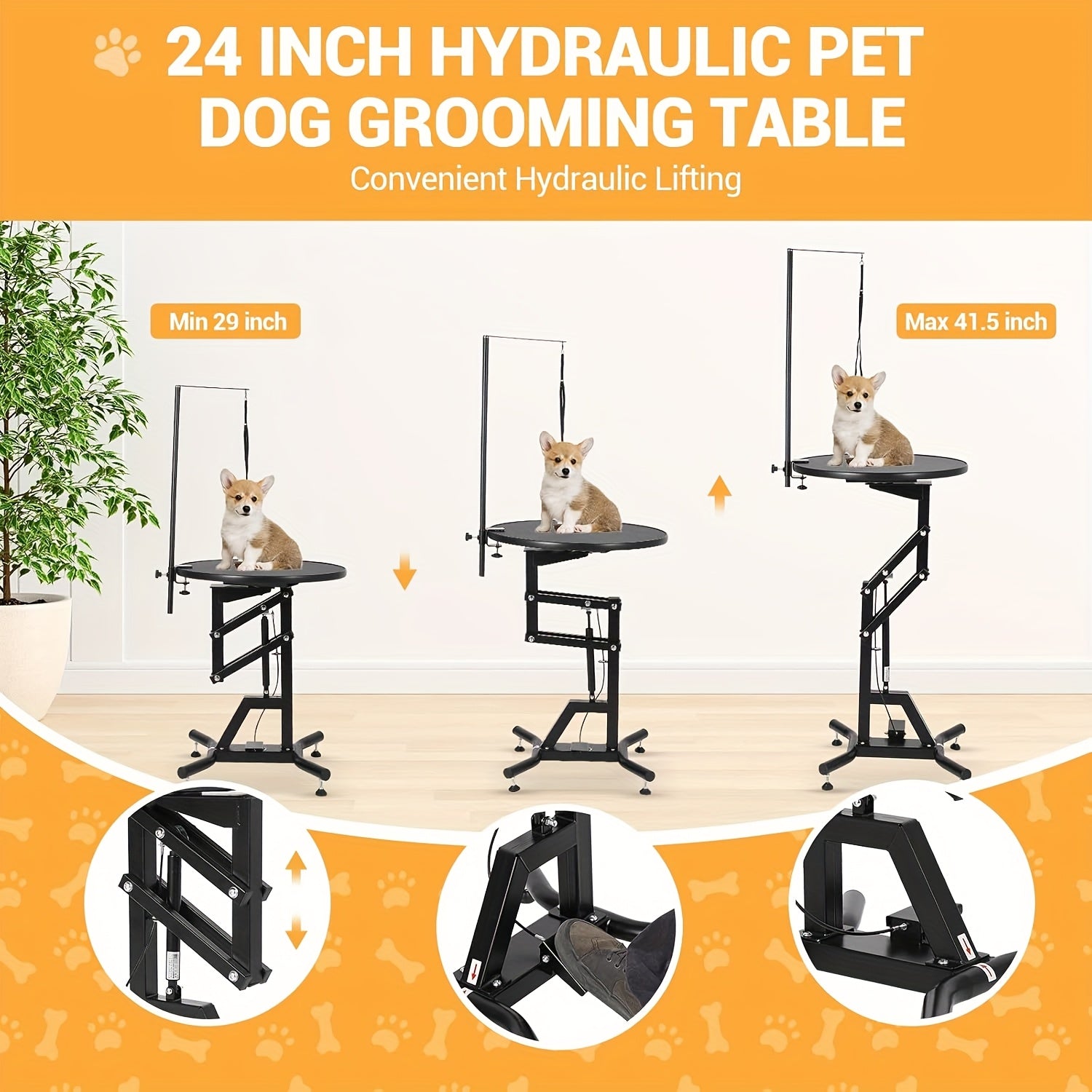 24-Inch Hydraulic Lift Table for Dog Grooming, Featuring a Rotating Round Top Designed for Small Pets at Home, with a 360-Degree Rotation And an Adjustable Overhead Arm