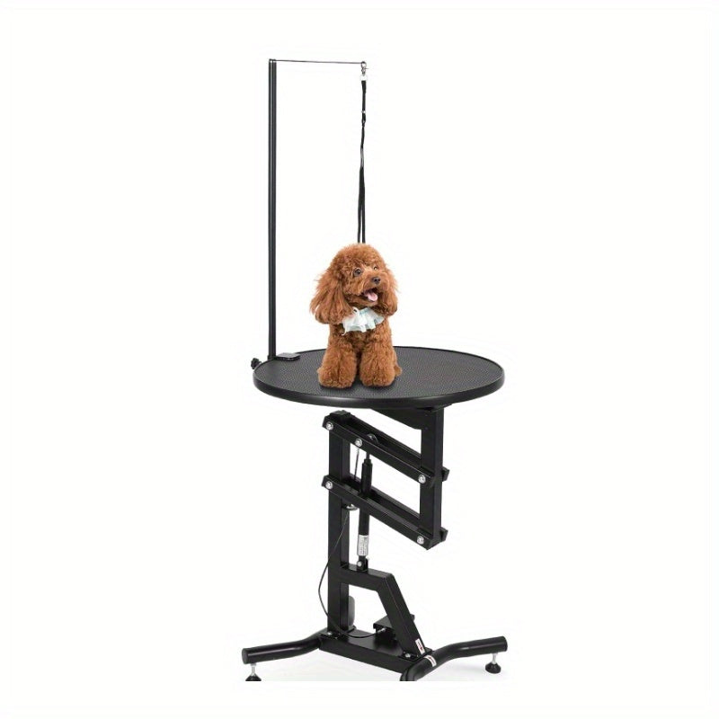 24-Inch Hydraulic Lift Table for Dog Grooming, Featuring a Rotating Round Top Designed for Small Pets at Home, with a 360-Degree Rotation And an Adjustable Overhead Arm