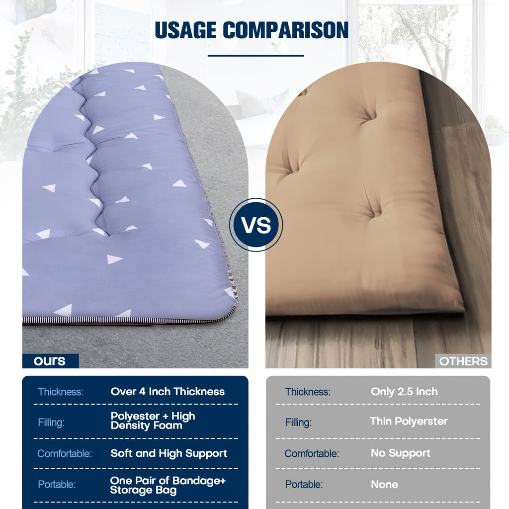 4 Inch Thickened Japanese Floor Futon Pad Foldable Tatami Sleeping Pad Roll Up Floor Bed Cushion with Portable Storage Bag for Travel Camping Guest Room Dormitory Lounger