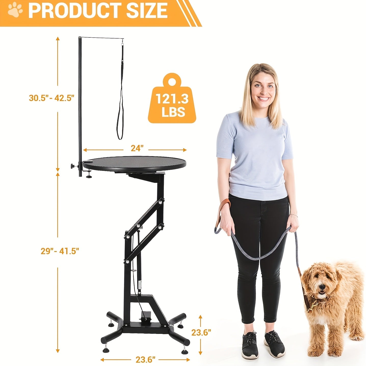 24-Inch Hydraulic Lift Table for Dog Grooming, Featuring a Rotating Round Top Designed for Small Pets at Home, with a 360-Degree Rotation And an Adjustable Overhead Arm