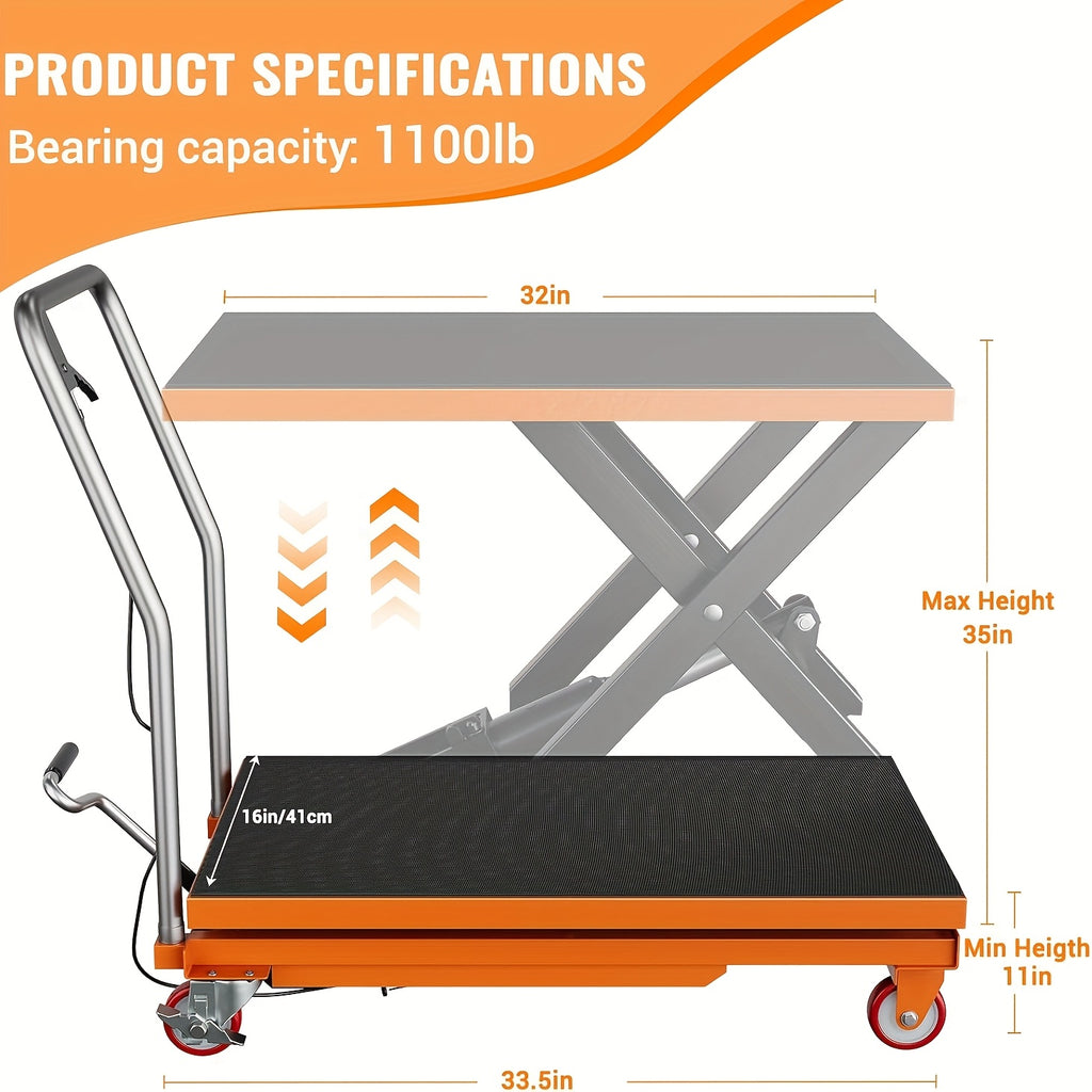 1100Lbs Capacity Hydraulic Lift Table Cart, Manual Single Scissor Lift Table, Lifting Height, with Locking Wheels And Non-Slip Pad, Hydraulic Scissor Cart for Material Handling Warehouse Supermarket Motorcycle Repair