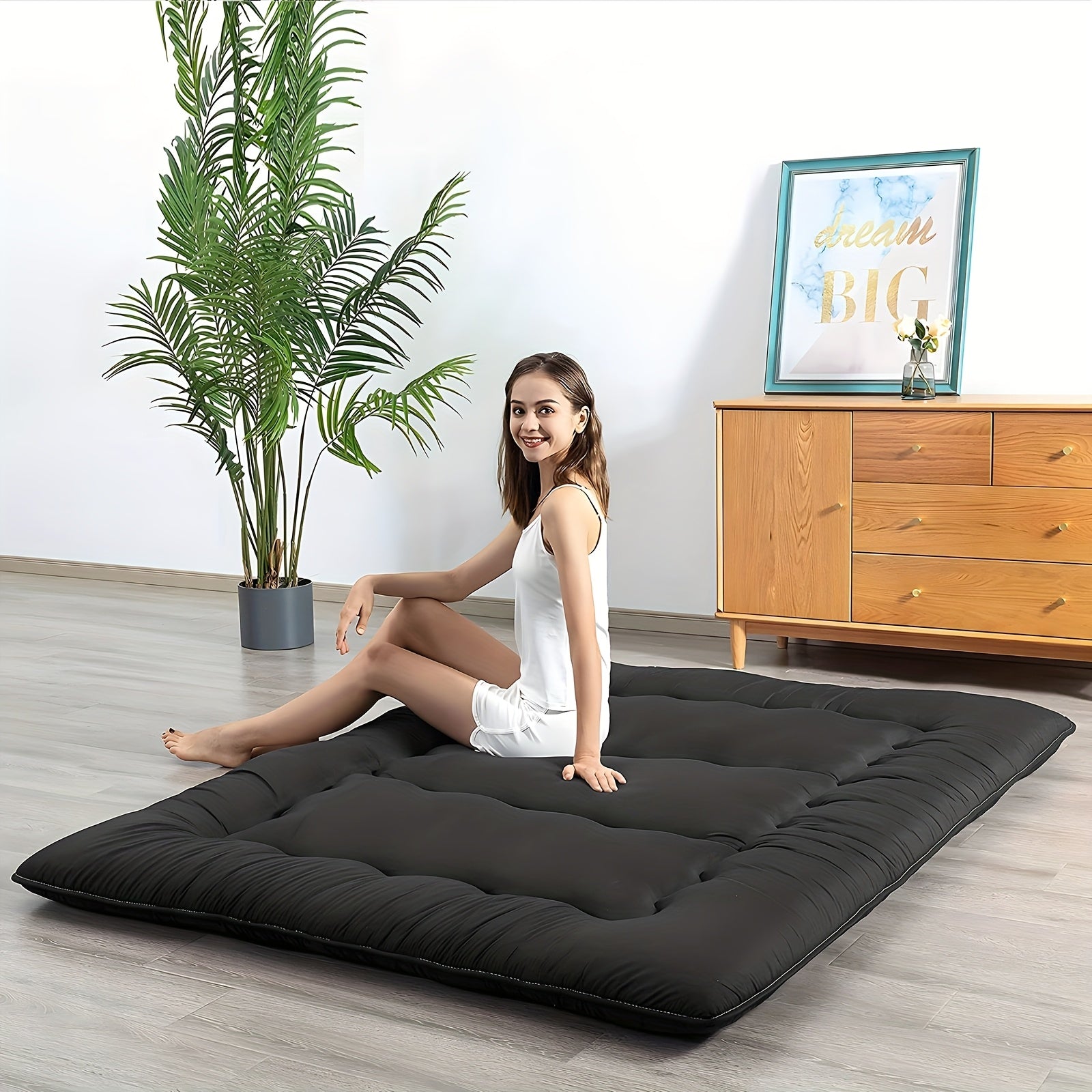4 Inch Thickened Japanese Floor Futon Pad Foldable Tatami Sleeping Pad Roll Up Floor Bed Cushion with Portable Storage Bag for Travel Camping Guest Room Dormitory Lounger