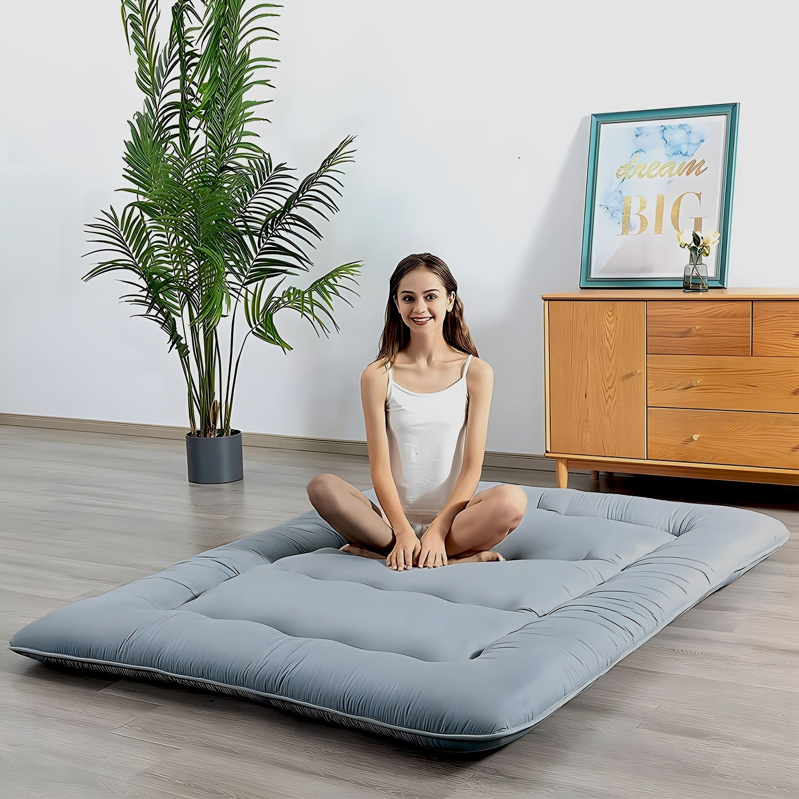 4 Inch Thickened Japanese Floor Futon Pad Foldable Tatami Sleeping Pad Roll Up Floor Bed Cushion with Portable Storage Bag for Travel Camping Guest Room Dormitory Lounger