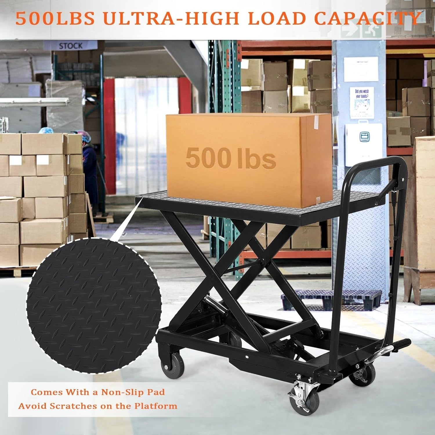 1100Lbs Capacity Hydraulic Lift Table Cart, Manual Single Scissor Lift Table, Lifting Height, with Locking Wheels And Non-Slip Pad, Hydraulic Scissor Cart for Material Handling Warehouse Supermarket Motorcycle Repair