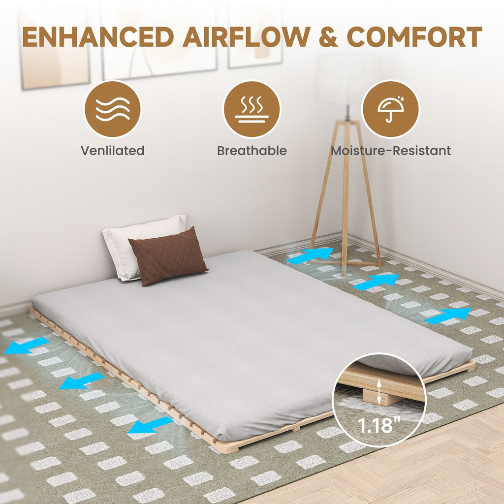 LILYPELLE Japanese Tatami Bed Frame, Foldable Wood Slatted Floor Bed For Futon Mattress, Twin Full Queen King Size