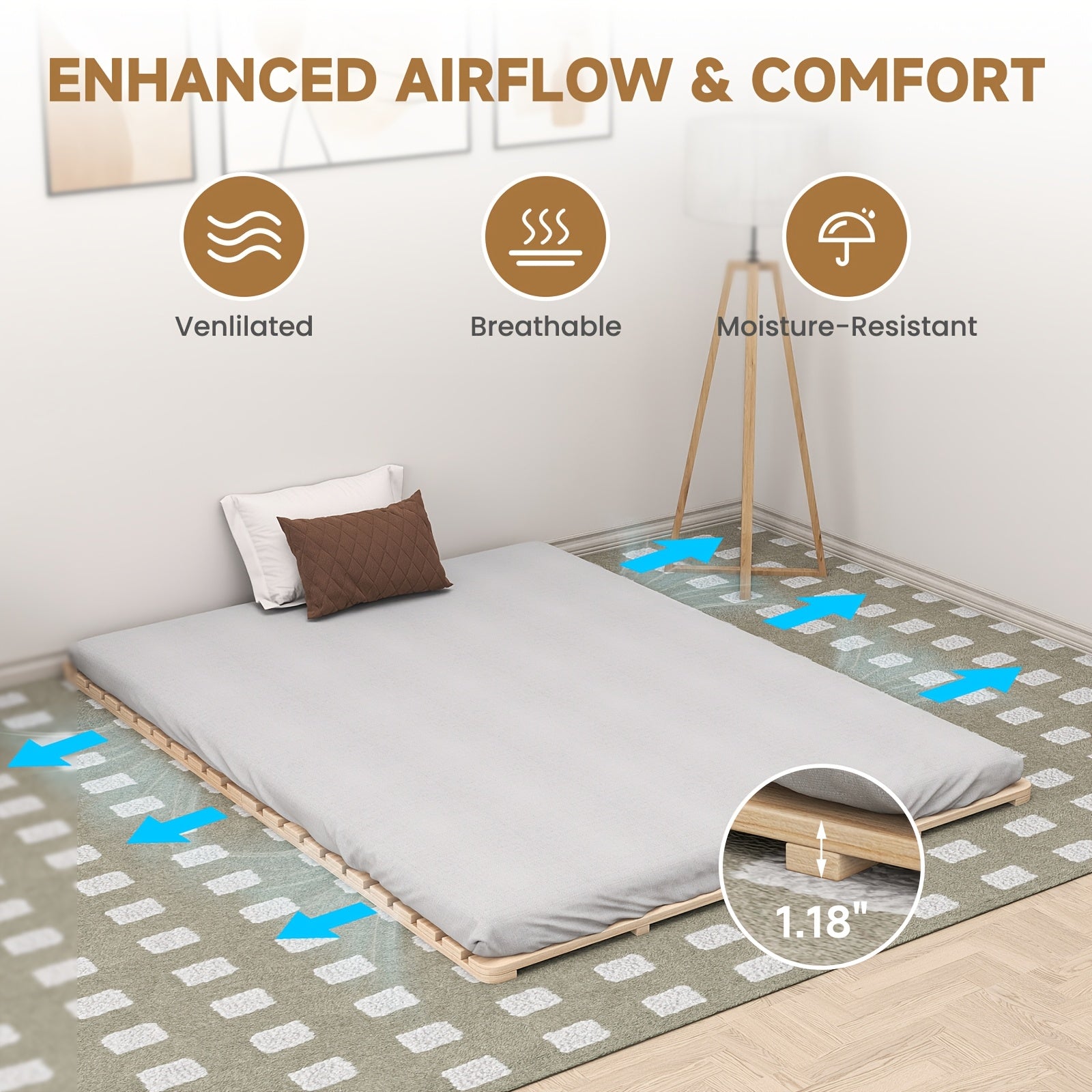 LILYPELLE Japanese Tatami Bed Frame, Foldable Wood Slatted Floor Bed For Futon Mattress, Twin Full Queen King Size