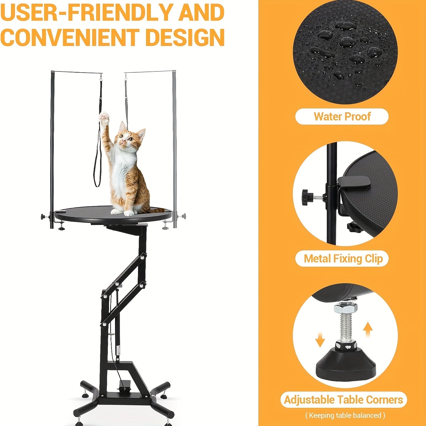 24-Inch Hydraulic Lift Table for Dog Grooming, Featuring a Rotating Round Top Designed for Small Pets at Home, with a 360-Degree Rotation And an Adjustable Overhead Arm