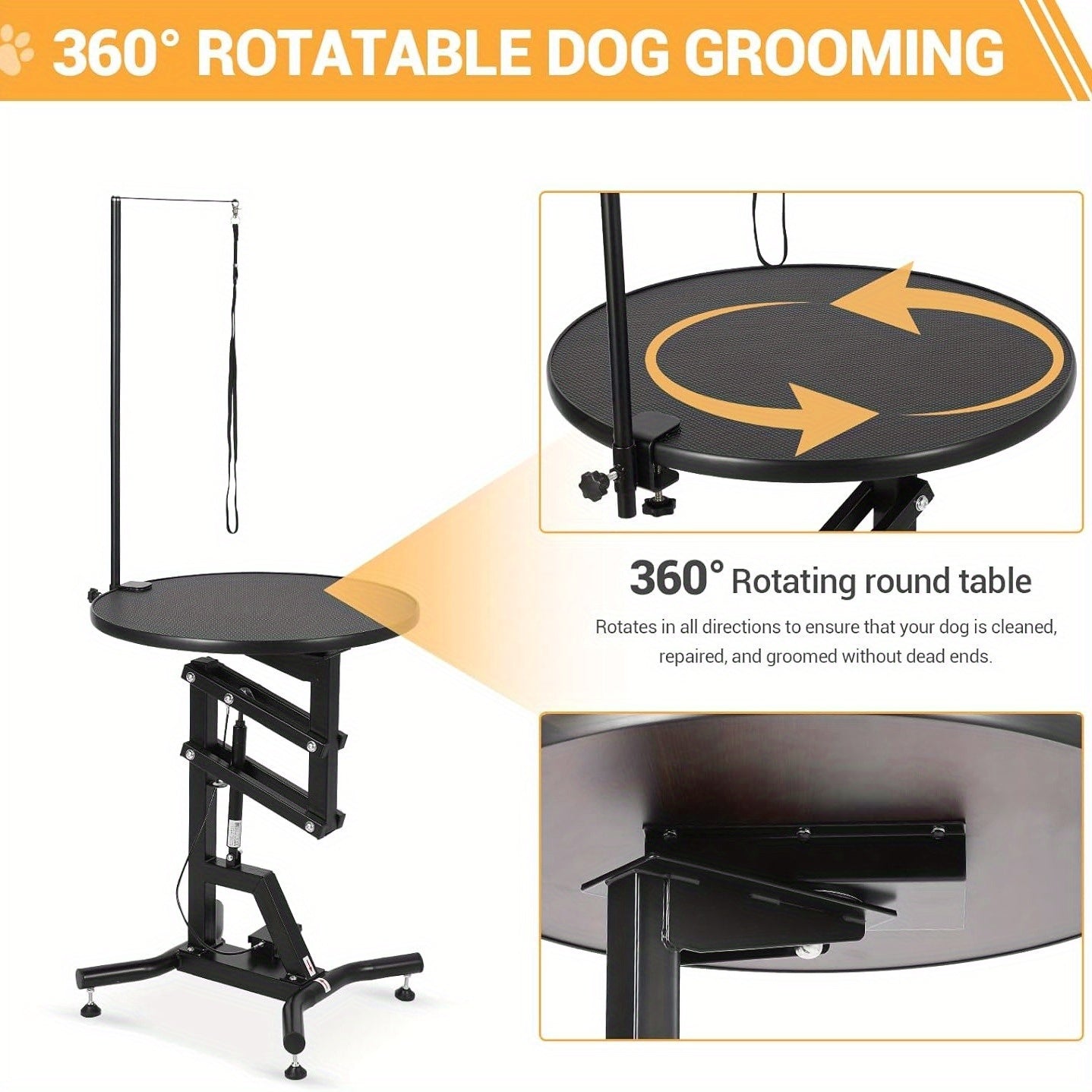 24-Inch Hydraulic Lift Table for Dog Grooming, Featuring a Rotating Round Top Designed for Small Pets at Home, with a 360-Degree Rotation And an Adjustable Overhead Arm