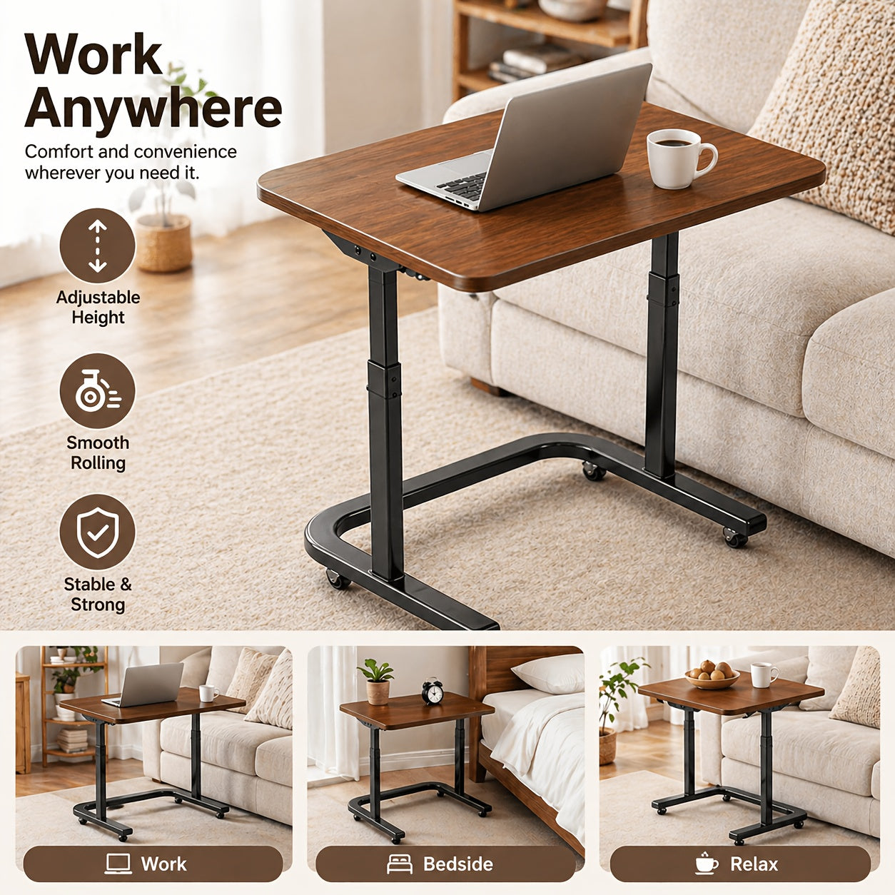 The Movable Lifting Table Adopts An High-Quality Imitation Wood Tabletop, Matched with A Stable And Thick Metal Bracket, And Supports Multi Level Height Adjustment