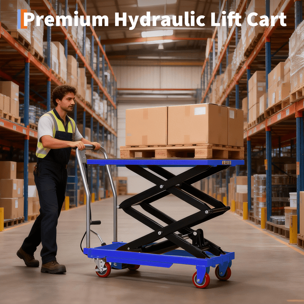 Heavy-Duty Carbon Steel Hydraulic Lift Table Cart with 4 Wheels, Anti-Slip Pads, Reflective Safety Strips - 1 Package for Easy Mobility and Secure Handling