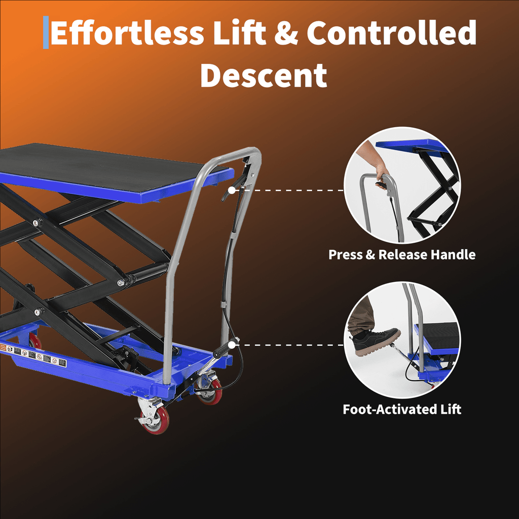 Heavy-Duty Carbon Steel Hydraulic Lift Table Cart with 4 Wheels, Anti-Slip Pads, Reflective Safety Strips - 1 Package for Easy Mobility and Secure Handling