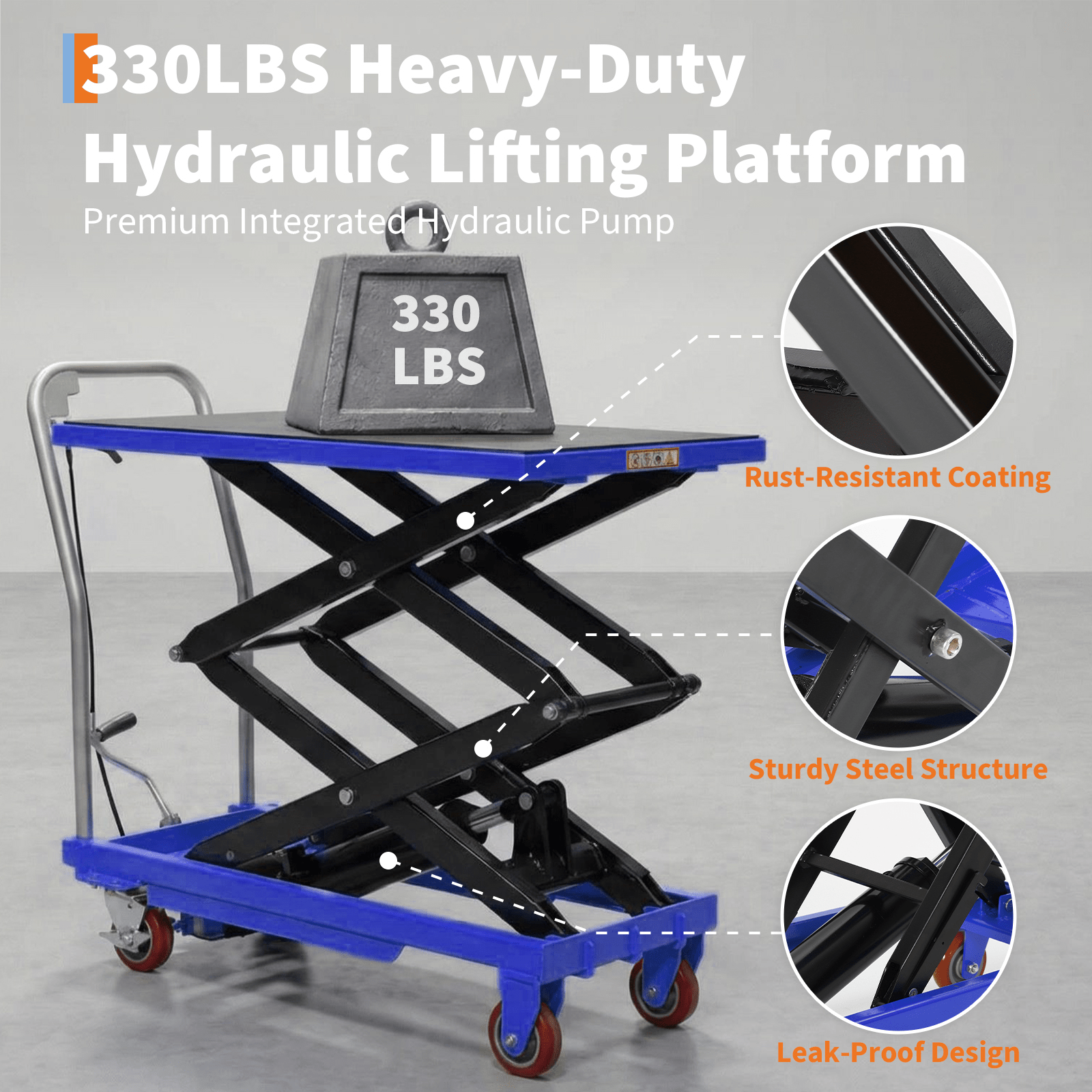 Heavy-Duty Carbon Steel Hydraulic Lift Table Cart with 4 Wheels, Anti-Slip Pads, Reflective Safety Strips - 1 Package for Easy Mobility and Secure Handling