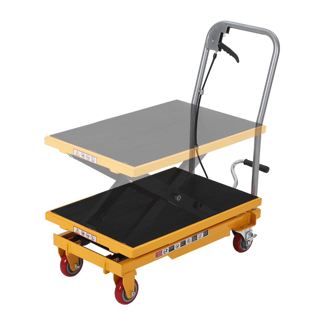 Heavy-Duty Carbon Steel Hydraulic Lift Table Cart with 4 Wheels, Anti-Slip Pads, Reflective Safety Strips - 1 Package for Easy Mobility and Secure Handling